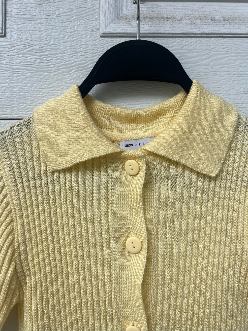 ASOS Butter Yellow Ribbed Short Sleeve Button-Down Top - Picture 3 of 6